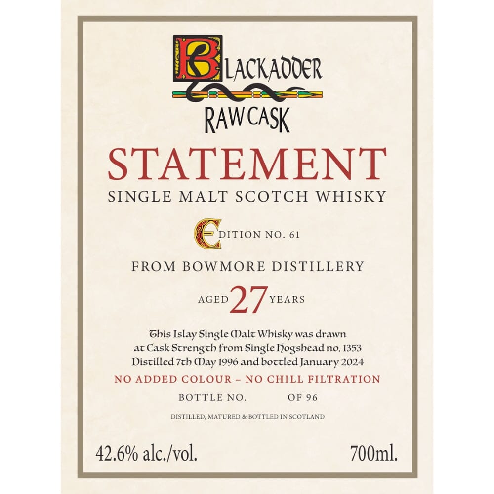 BuyBlackadderRawCaskStatementBowmore27YearOldOnline Blackadder Raw Cask Statement Bowmore 27 Year Old - Image 1