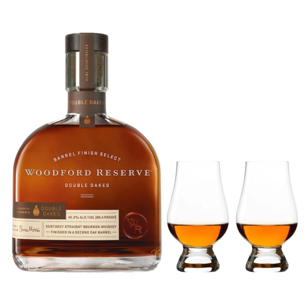 BuyWoodfordReserveDoubleOakedBourbonWhiskey_GlencairnWhiskeyGlassSetOnline Woodford Reserve Double Oaked Bourbon Whiskey & Glencairn Whiskey Glass Set - Image 1